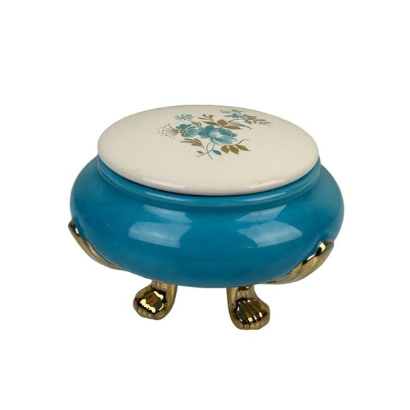 Vintage Ceramic Footed Trinket Box w/ Lid, Blue Floral PH Signed Mid-Century - Picture 1 of 13